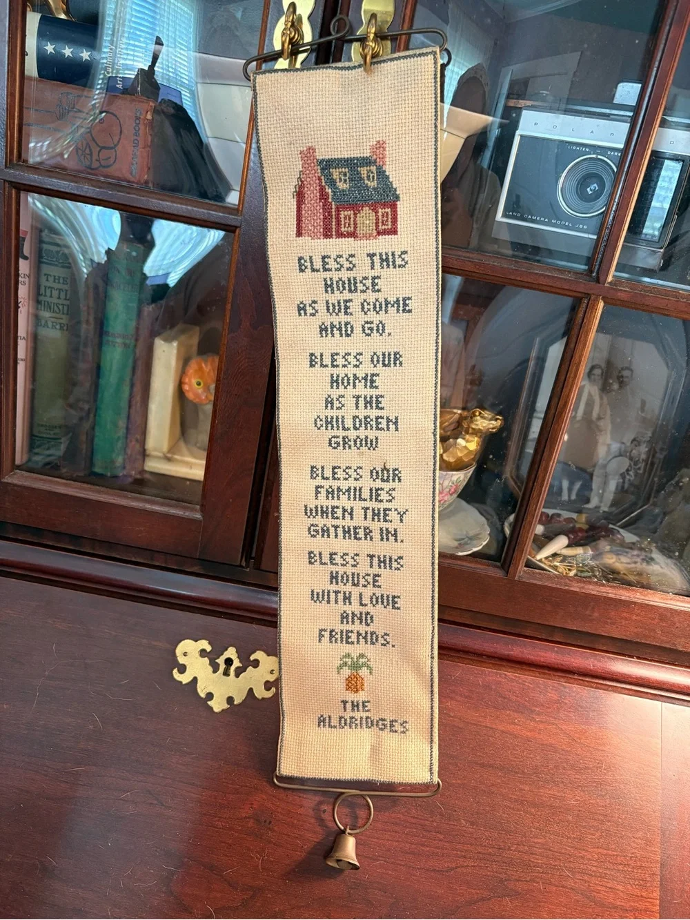 Vintage Cross Stitch Blessing Banner with Bell - Cream & Red